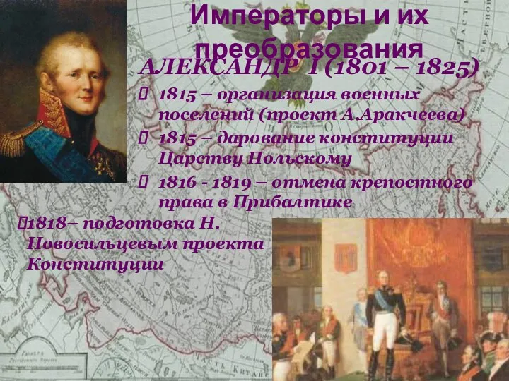 АЛЕКСАНДР I (1801 – 1825) 1815 – организация военных поселений (проект А.Аракчеева) 1815