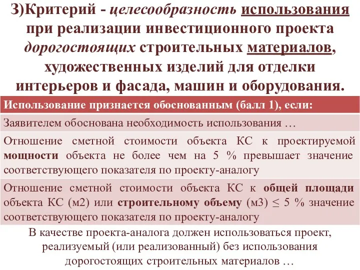 З)Критерий - целесообразность использования при реализации инвестиционного проекта дорогостоящих строительных