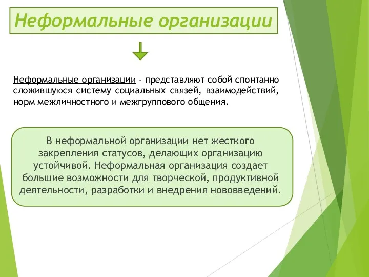 Неформальные организации В неформальной организации нет жесткого закрепления статусов, делающих