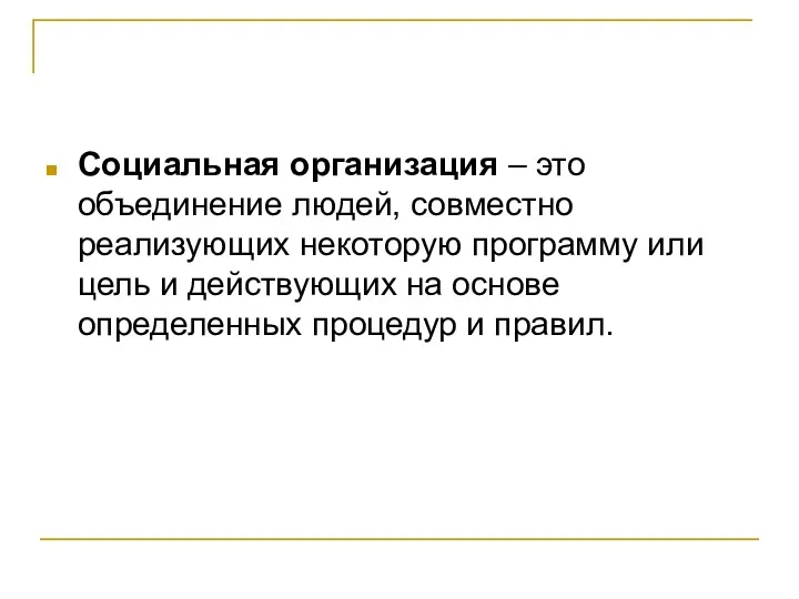 Социальная организация – это объединение людей, совместно реализующих некоторую программу