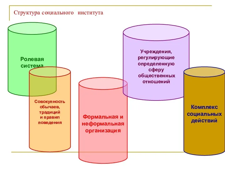 Структура социального института Ролевая система Совокупность обычаев, традиций и правил