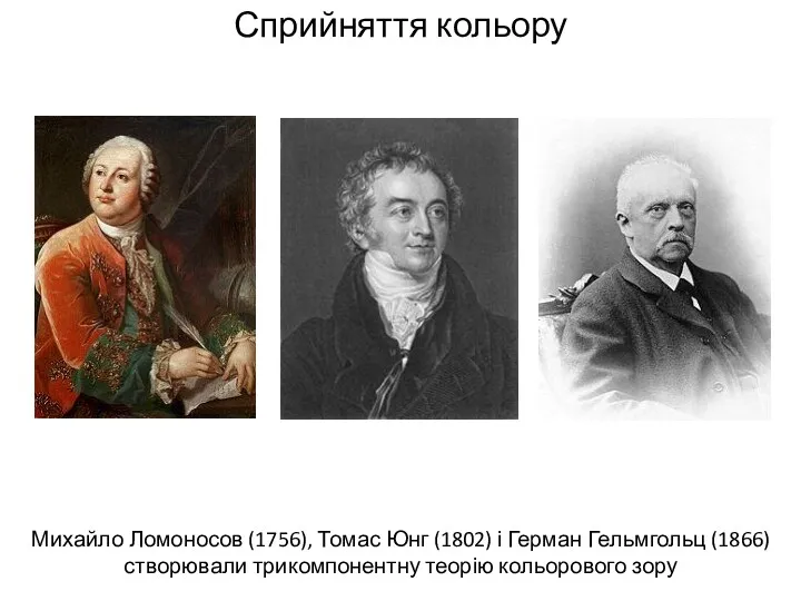 Сприйняття кольору Михайло Ломоносов (1756), Томас Юнг (1802) і Герман