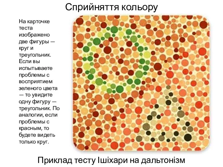 Сприйняття кольору Приклад тесту Ішіхари на дальтонізм На карточке теста