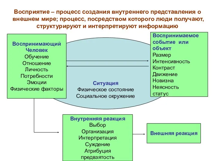 Восприятие – процесс создания внутреннего представления о внешнем мире; процесс,