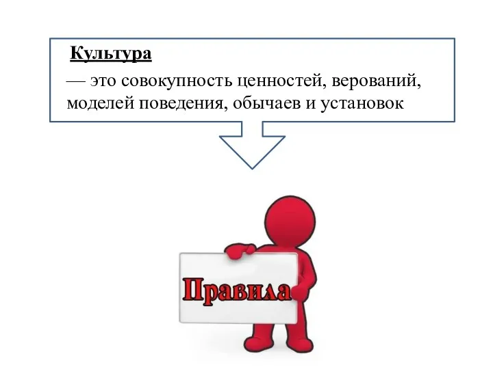 — это совокупность ценностей, верований, моделей поведения, обычаев и установок Культура