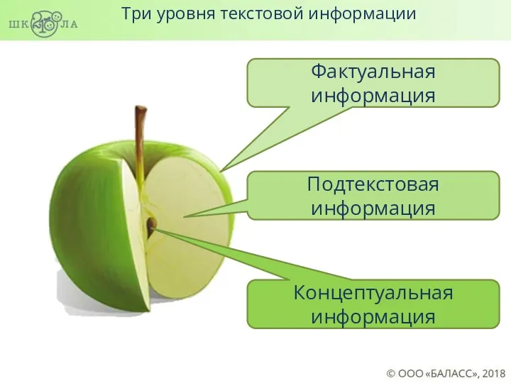 Фактуальная информация Подтекстовая информация Концептуальная информация Три уровня текстовой информации