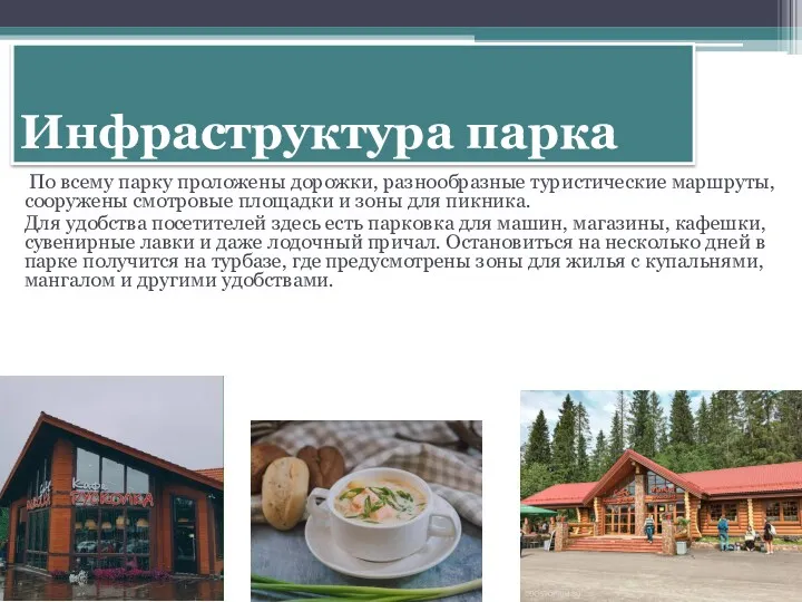 Инфраструктура парка По всему парку проложены дорожки, разнообразные туристические маршруты,