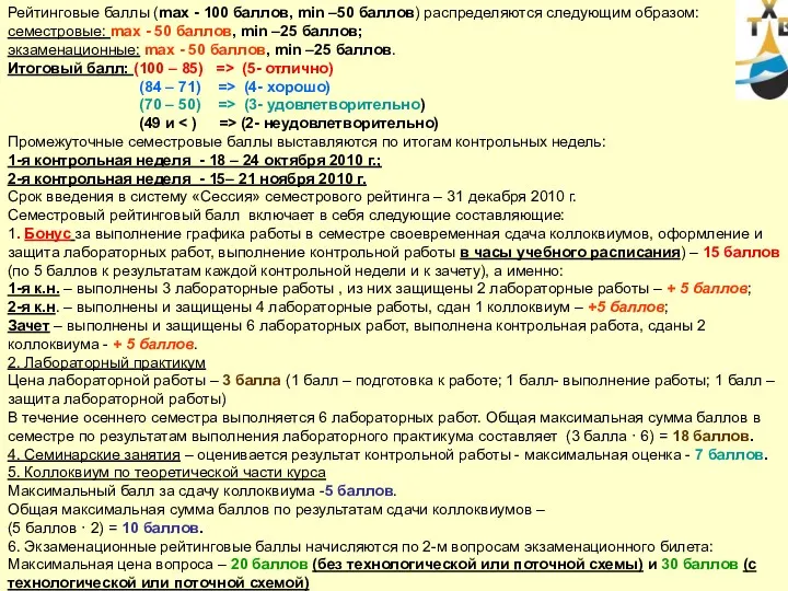 Рейтинговая система оценки Рейтинговые баллы (max - 100 баллов, min