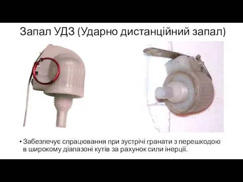 Запал УДЗ (Ударно дистанційний запал) Забезпечує спрацювання при зустрічі гранати