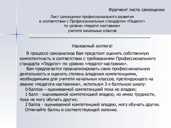 Фрагмент листа самооценки Лист самооценки профессионального развития в соответствии с Профессиональным стандартом «Педагог»