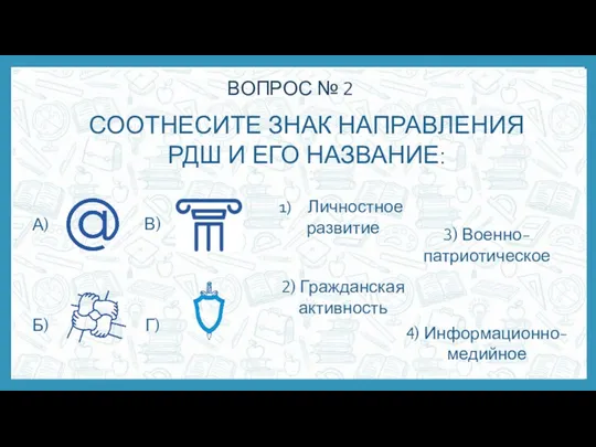 ВОПРОС № 2 СООТНЕСИТЕ ЗНАК НАПРАВЛЕНИЯ РДШ И ЕГО НАЗВАНИЕ: