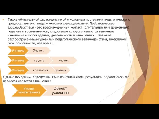 Также обязательной характеристикой и условием протекания педагогического процесса является педагогическое