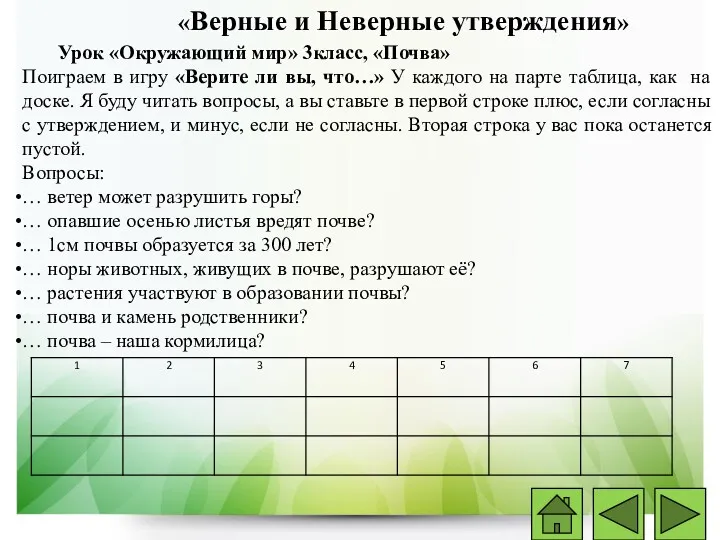 «Верные и Неверные утверждения» Урок «Окружающий мир» 3класс, «Почва» Поиграем в игру «Верите