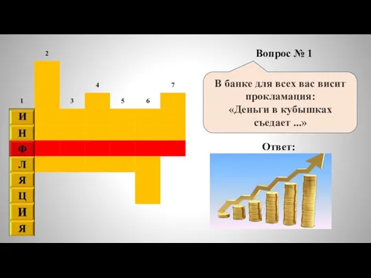 Вопрос № 1 В банке для всех вас висит прокламация: «Деньги в кубышках съедает ...» Ответ: