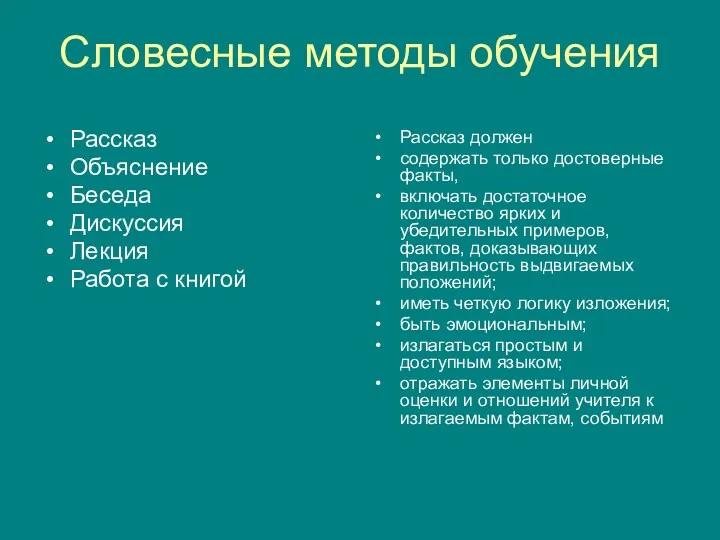 Словесные методы обучения Рассказ Объяснение Беседа Дискуссия Лекция Работа с