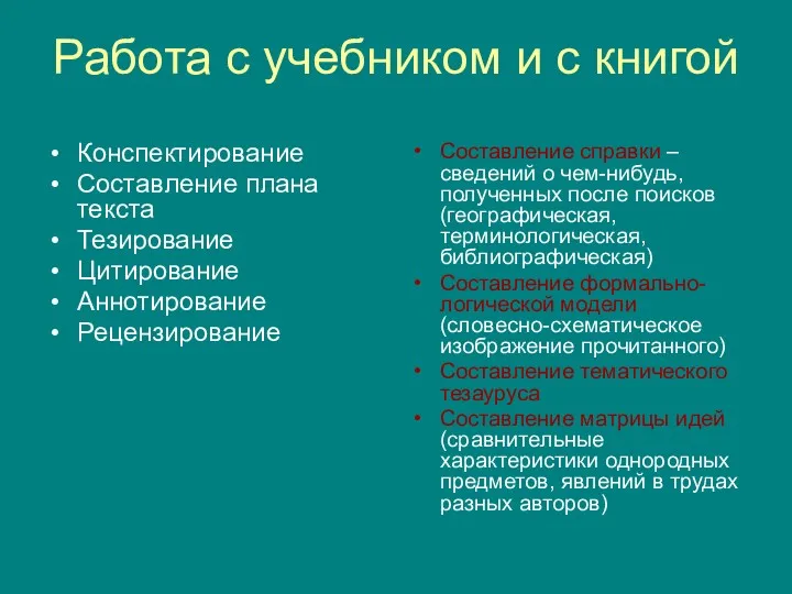 Работа с учебником и с книгой Конспектирование Составление плана текста