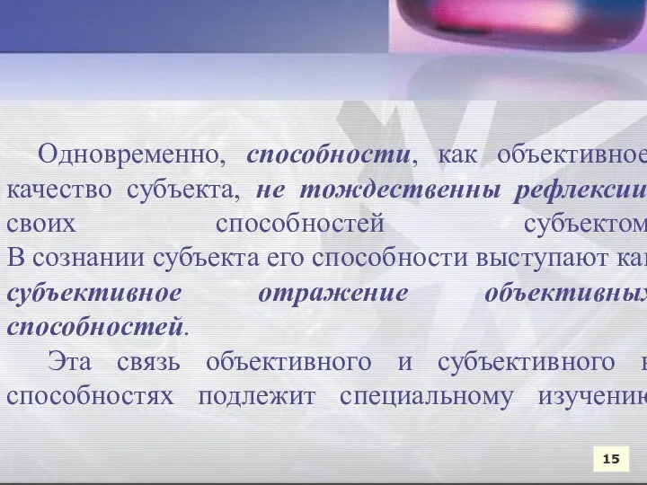 15 Одновременно, способности, как объективное качество субъекта, не тождественны рефлексии