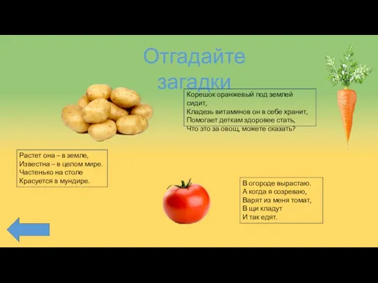 Отгадайте загадки Растет она – в земле, Известна – в целом мире. Частенько