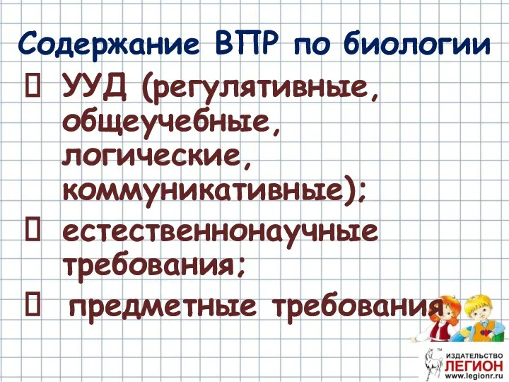 УУД (регулятивные, общеучебные, логические, коммуникативные); естественнонаучные требования; предметные требования Содержание ВПР по биологии