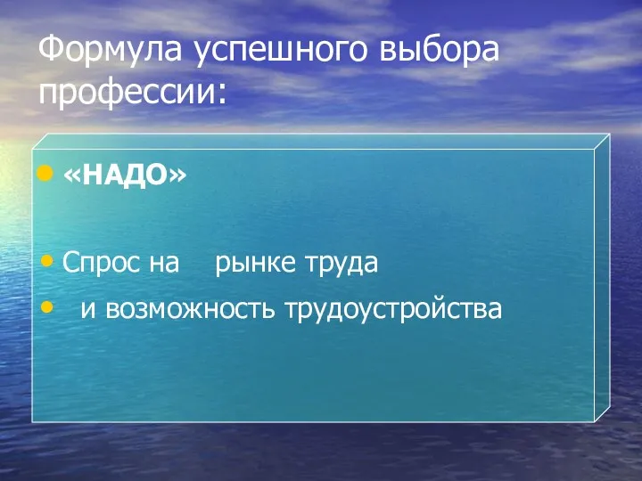 Формула успешного выбора профессии: «НАДО» Спрос на рынке труда и возможность трудоустройства