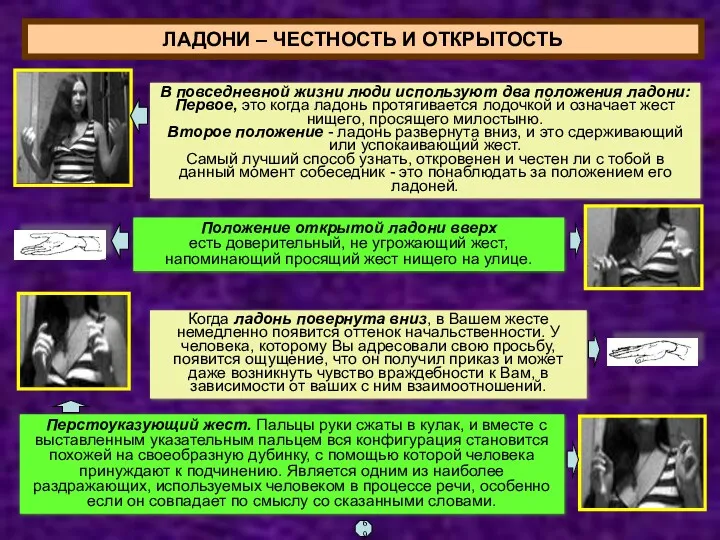 Положение открытой ладони вверх есть доверительный, не угрожающий жест, напоминающий