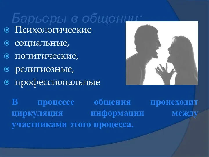 Барьеры в общении: Психологические социальные, политические, религиозные, профессиональные В процессе