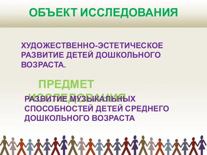 ОБЪЕКТ ИССЛЕДОВАНИЯ ХУДОЖЕСТВЕННО-ЭСТЕТИЧЕСКОЕ РАЗВИТИЕ ДЕТЕЙ ДОШКОЛЬНОГО ВОЗРАСТА. ПРЕДМЕТ ИССЛЕДОВАНИЯ РАЗВИТИЕ МУЗЫКАЛЬНЫХ СПОСОБНОСТЕЙ ДЕТЕЙ СРЕДНЕГО ДОШКОЛЬНОГО ВОЗРАСТА