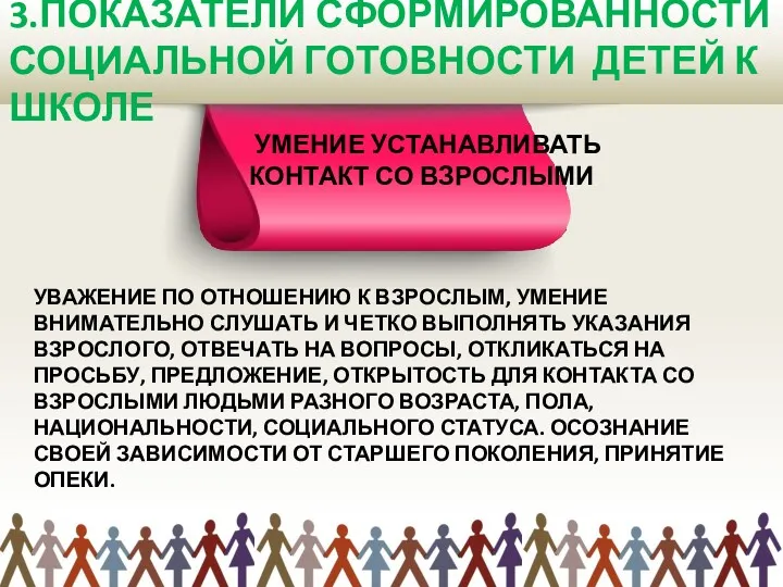 3.ПОКАЗАТЕЛИ СФОРМИРОВАННОСТИ СОЦИАЛЬНОЙ ГОТОВНОСТИ ДЕТЕЙ К ШКОЛЕ УМЕНИЕ УСТАНАВЛИВАТЬ КОНТАКТ СО ВЗРОСЛЫМИ УВАЖЕНИЕ