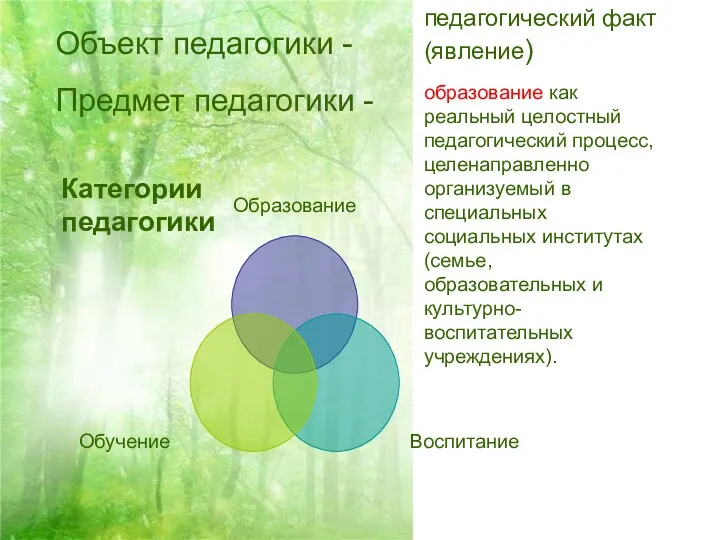 Объект педагогики - Предмет педагогики - образование как реальный целостный