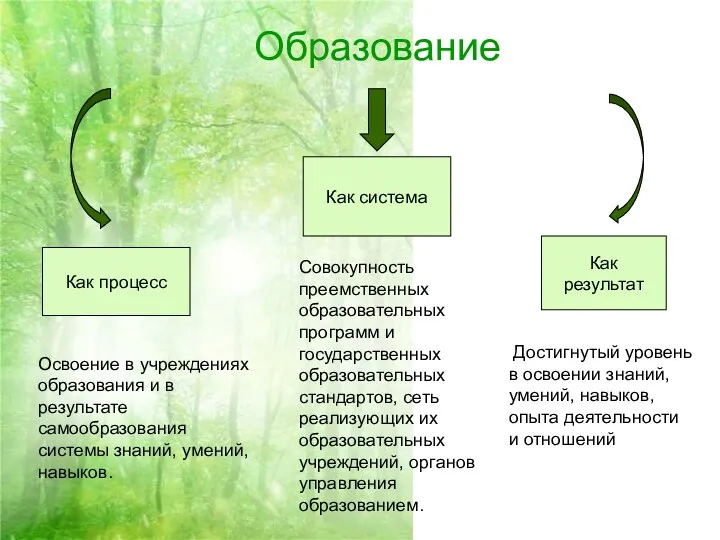 Образование Как процесс Как система Как результат Освоение в учреждениях