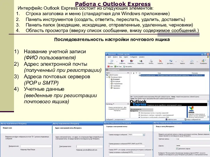 Работа с Outlook Express Интерфейс Outlook Express состоит из следующих