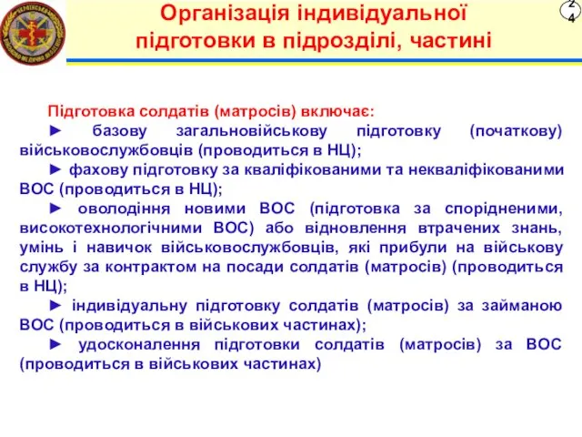 24 Організація індивідуальної підготовки в підрозділі, частині Підготовка солдатів (матросів)