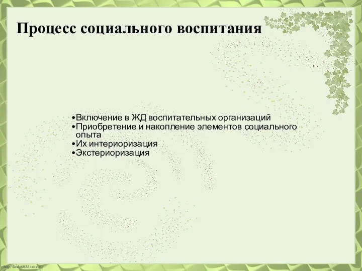 Процесс социального воспитания Включение в ЖД воспитательных организаций Приобретение и