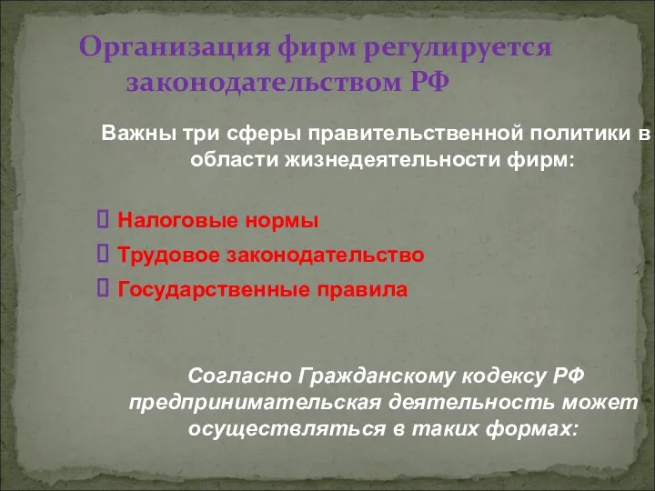 Организация фирм регулируется законодательством РФ Важны три сферы правительственной политики