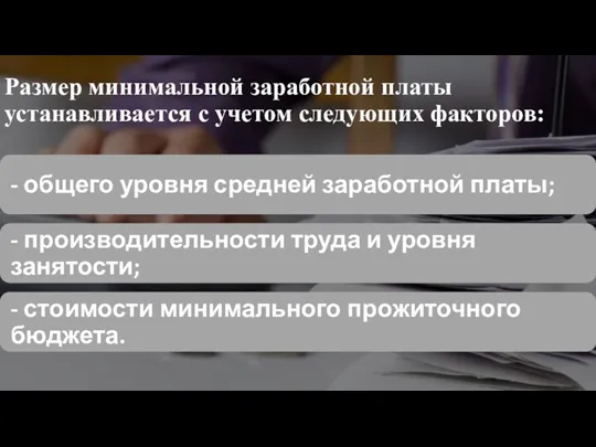 Размер минимальной заработной платы устанавливается с учетом следующих факторов: