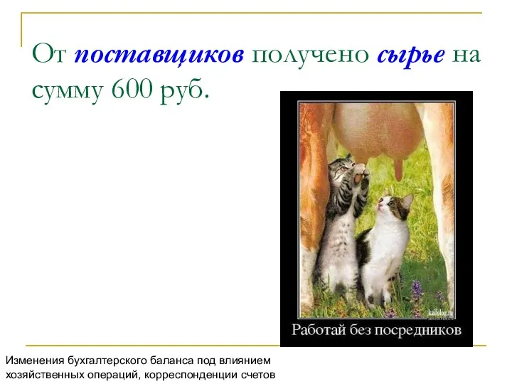 От поставщиков получено сырье на сумму 600 руб. Изменения бухгалтерского