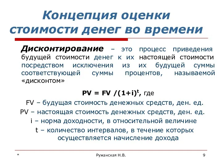 * Ружанская Н.В. Концепция оценки стоимости денег во времени Дисконтирование