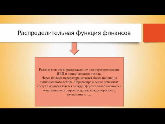 Распределительная функция финансов Реализуется через распределение и перераспределение ВВП и