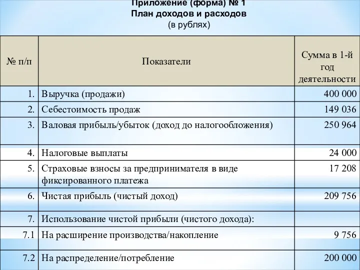 Приложение (форма) № 1 План доходов и расходов (в рублях)