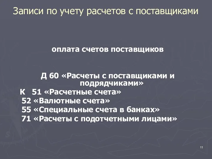 Записи по учету расчетов с поставщиками оплата счетов поставщиков Д