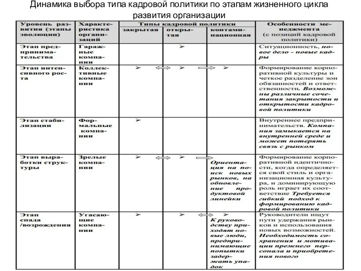 Динамика выбора типа кадровой политики по этапам жизненного цикла развития организации