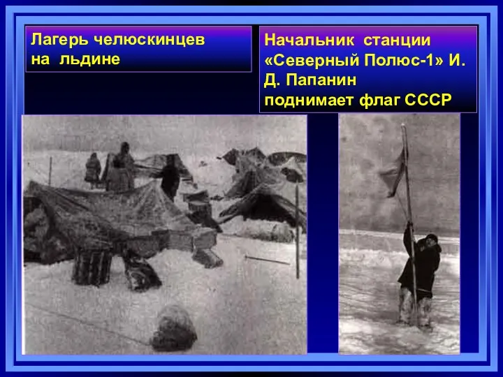 Начальник станции «Северный Полюс-1» И.Д. Папанин поднимает флаг СССР Лагерь челюскинцев на льдине