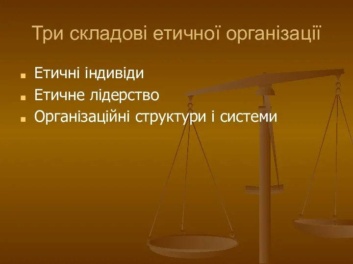 Три складові етичної організації Етичні індивіди Етичне лідерство Організаційні структури і системи