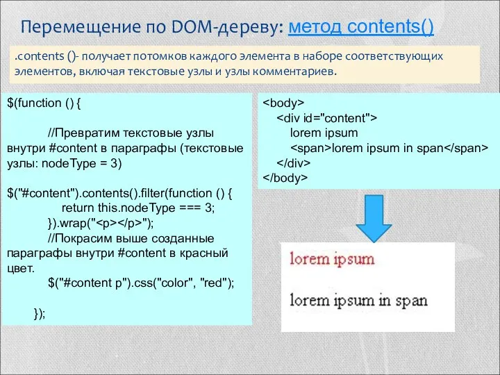 Перемещение по DOM-дереву: метод contents() .contents ()- получает потомков каждого элемента в наборе