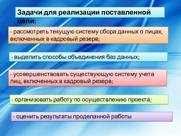 Задачи для реализации поставленной цели: - организовать работу по осуществлению