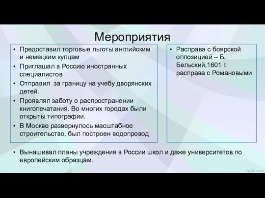 Мероприятия Предоставил торговые льготы английским и немецким купцам Приглашал в