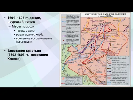 1601- 1603 гг. дожди, неурожай, голод Меры помощи твердые цены,