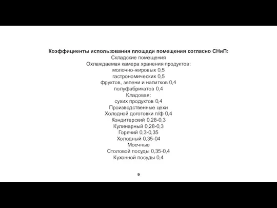 Коэффициенты использования площади помещения согласно СНиП: Складские помещения Охлаждаемая камера