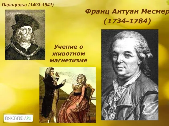 Франц Антуан Месмер (1734-1784) Учение о животном магнетизме Парацельс (1493-1541)