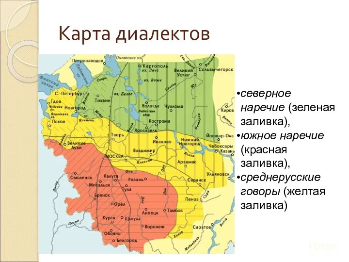 Карта диалектов План северное наречие (зеленая заливка), южное наречие (красная заливка), среднерусские говоры (желтая заливка)